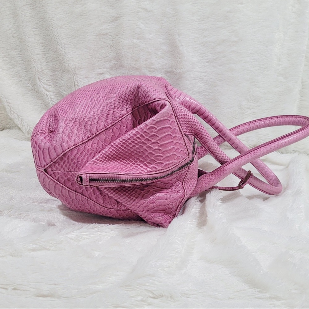 Charles Jourdan Croc Embossed Leather Satchel Bag in Bubblegum Pink - Picture 6 of 16